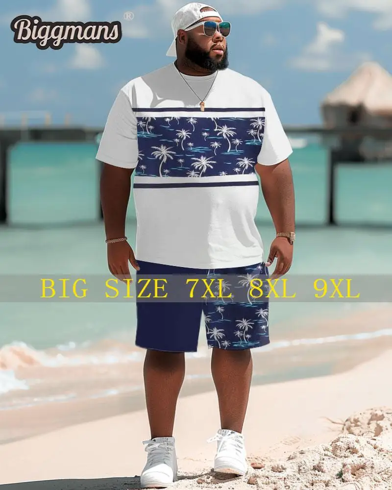 Biggmans Plus Size L-9XL Men's  Hawaiian Beach Simple Striped Leaf Print Shorts Men's Plus Size Suit