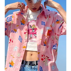 Harajuku Y2K Kawaii Fruits Cartoon Button Up Shirts Pink Blouse Men Women Short Sleeve Tops Loose 3XL Summer Beach Hawaiian 2022