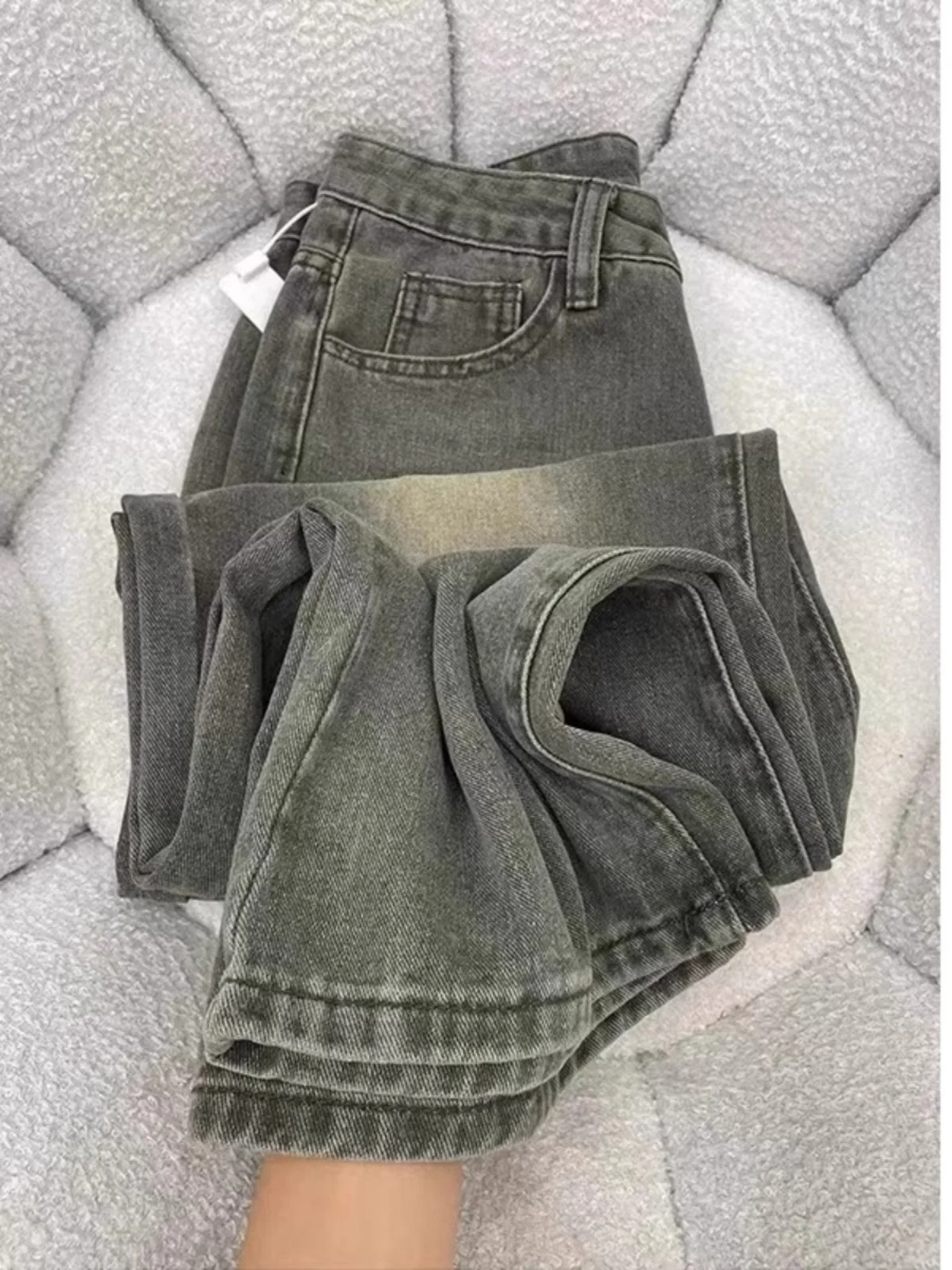 

American Sle Vintage Fce Lined Wide Leg Jeans Women's plus Size Loose Slimming High Waist Long Straight Pants Autumn