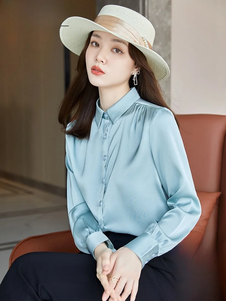 

Green Chiffon Shirt Women's Long Sleeve Short Acetate Satin Elegant Shirt Autumn New Design Commute Style Pure Color Button D...