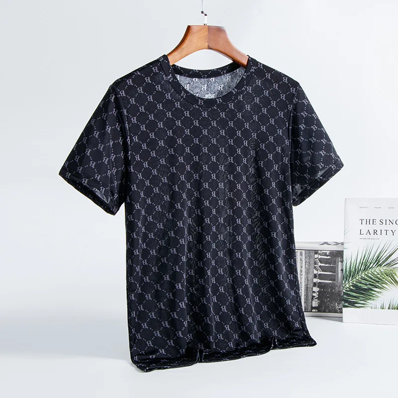 

GELITAYIN 2025 Men's Thin Short Sleeve Ice Silk Plaid Casual Round Neck Letter Print T-shirt Outdoor Workout Breathable Sport Ru