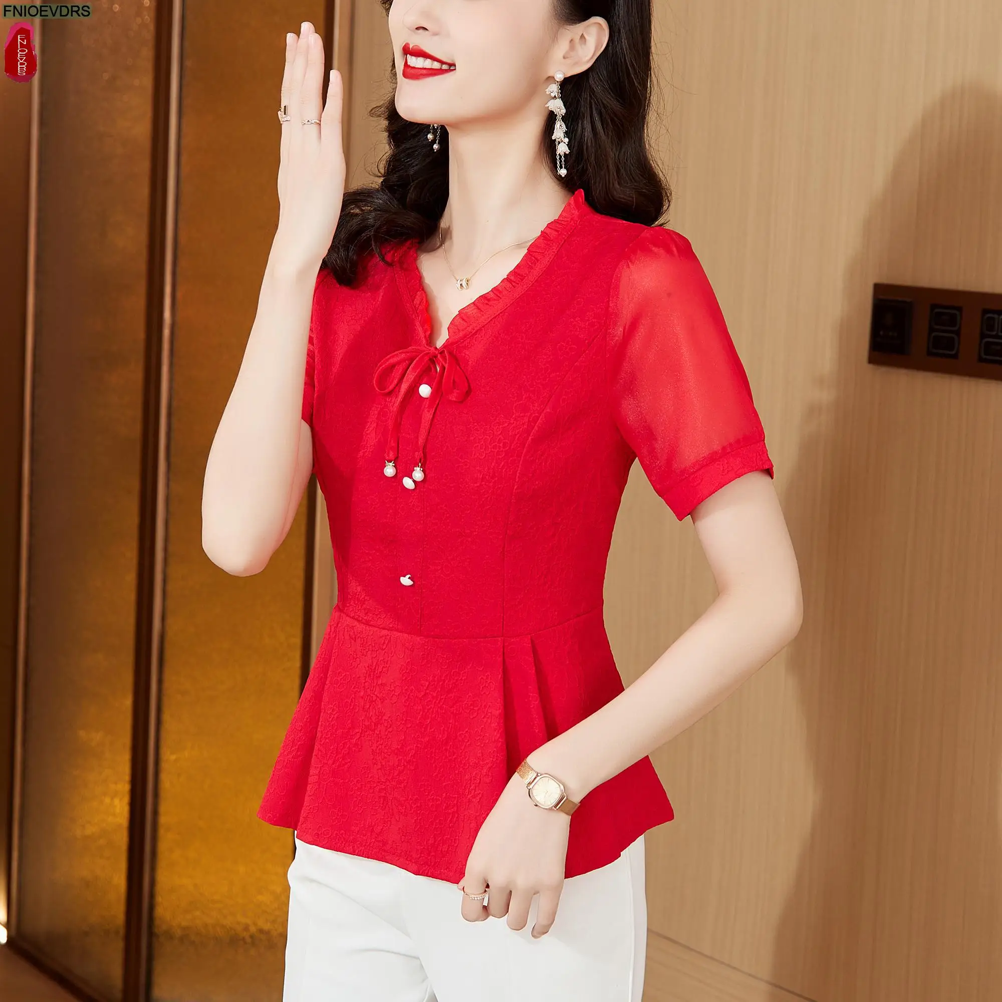 M-5XL Fashion 2024 Women Summer Short Sleeve Elegant Ruffles Shirts Casual Retro Bow Tie Tunic Peplum Tops And Blouses