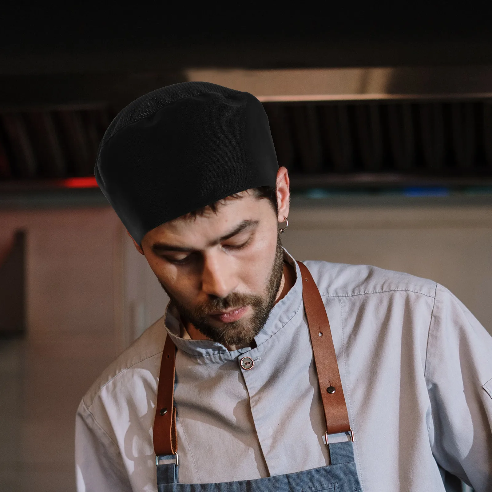 

Black Chef Hat Mesh Skull Cap Breathable Catering Hat for Cooking Baking Kitchen Work Adjustable Strap One Size Fits Most