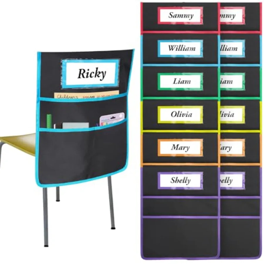 

12 Pack Black Chair Pockets for Classrooms Chair Pocket with 3 Heavy Duty Storage Pocket Chair Back Buddy Pocket with Name Tag