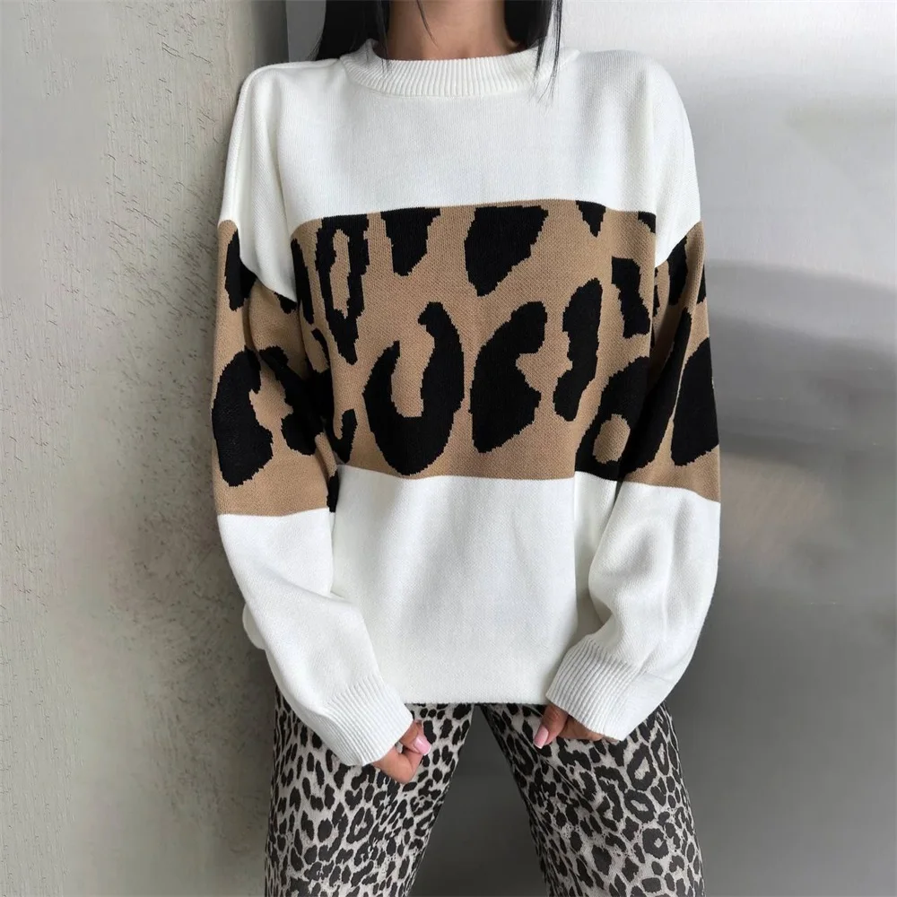 Autumn Winter Vintage Leopard Print Women\'s Sweater Loose Causal Oversized Knitwear Women Fashion Oneck Female Clothing 2024 New