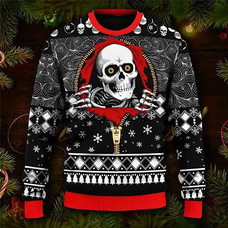 Funny Skull Pattern Sweatshirts For Men Merry Christmas 3D Printed Pullover Autumn Loose Round Neck Hoodies Long Sleeves Tops