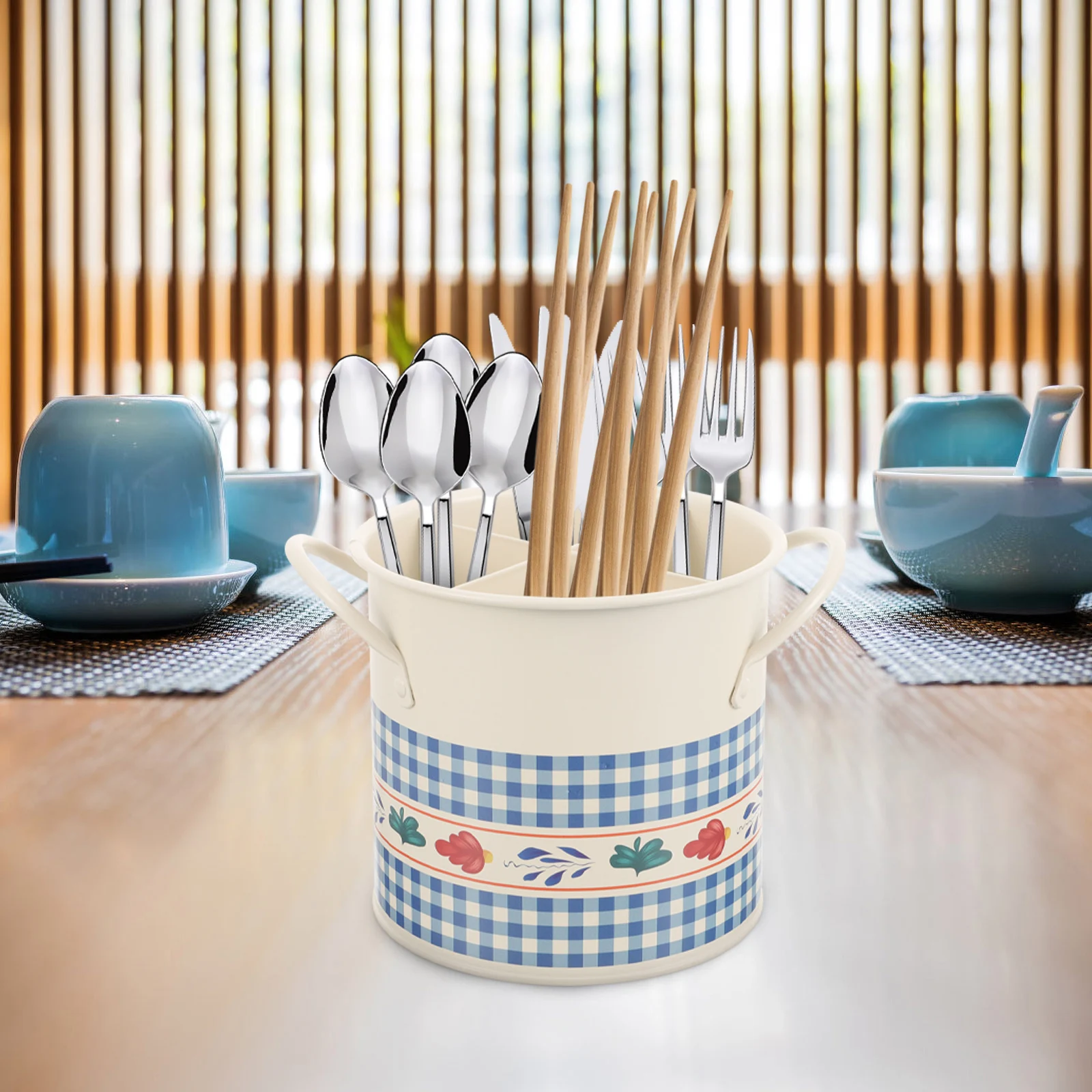 

Retro Cutlery Bucket Chopstick Holder 4 Compartments Kitchen Utensils Organizer Metal Storage Box Decorative Tableware Basket