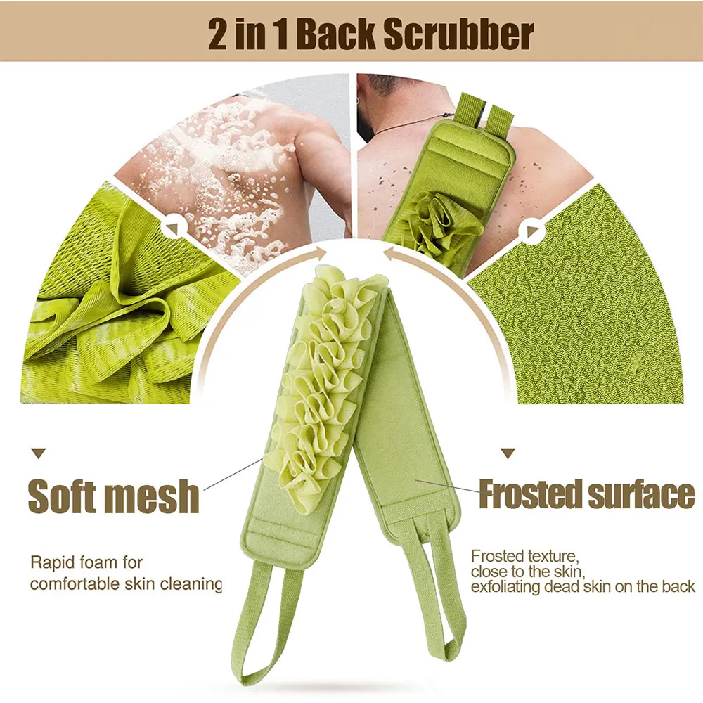 2 In 1 Shower Exfoliating Back Scrubber Bath Belt Towel Deep Clean Body Cleaning Washcloth Rear Scrub Pull Strap Tool