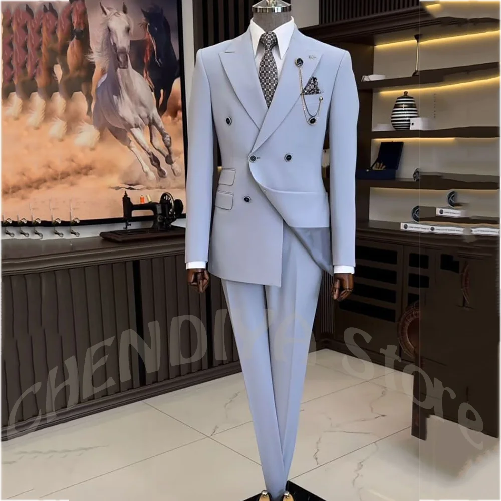 

Men‘s Double Breasted Formal Suit Set Solid Color Peak Lapel Slim Fit Business Casual Banquet Prom Male Outfit Two Pieces
