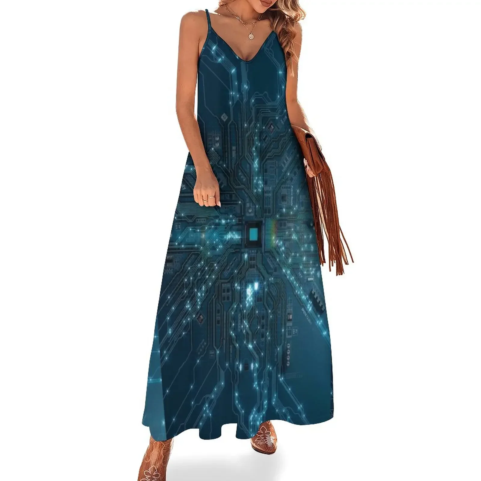 

Glowing Lights Run Along The Paths Of The Future Ready Circuit Board Sleeveless Dress Women's evening dress beach dress