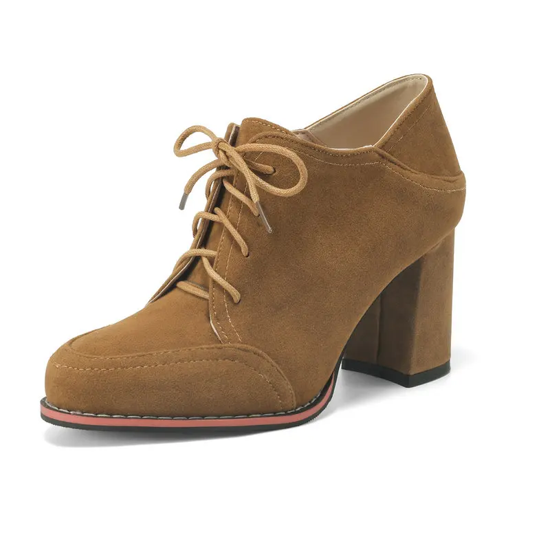 

Бархатные женские туфли-лодочки из искусственной нубука коричневого цвета с закрытым носком на шнуровке и перекрестной завязкой на блочном высоком каблуке, оксфорды для взрослых, женская обувь в стиле ретро