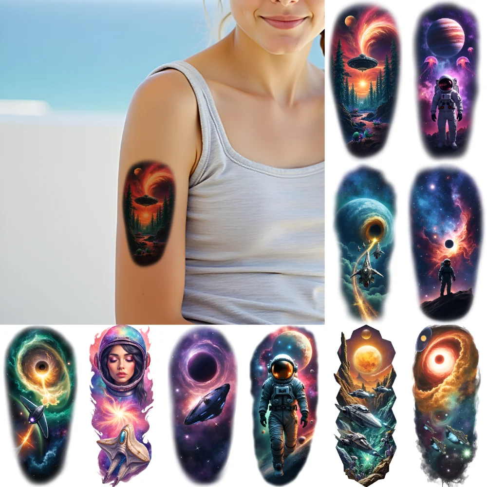 

12pcs Temporary Tattoo Jellyfish Realistic Temporary Tattoos Spaceship Space Helmet Colorful Realism Planet For Thighs Arms