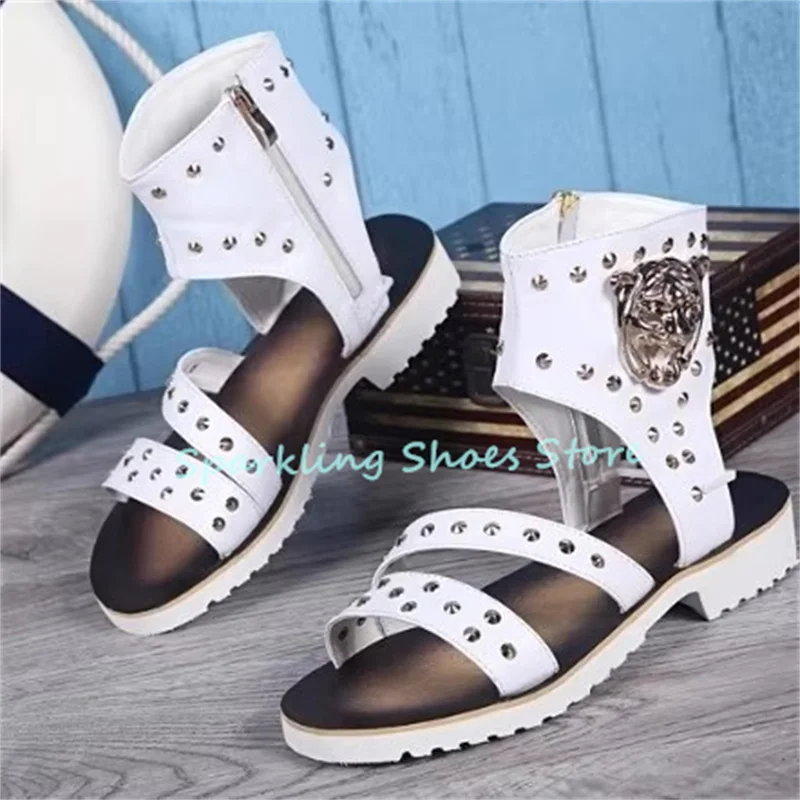 

Fashion Rivet Hollow-Out Strap Male Peep Toe Sandals High Top Low Heel Zip Leather Shoes Summer Leisure Cool Boots for Men
