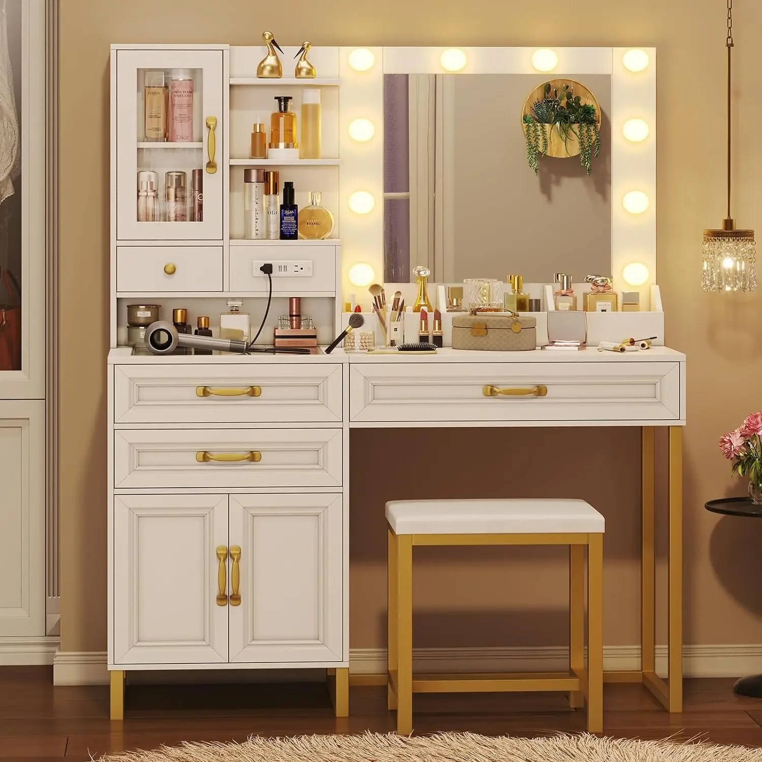 

Makeup Vanity Desk w/ Mirror and Lights & Charging Station & Makeup Stool, Vanity Table Set w/ Glass Top Storage Drawer & Beach