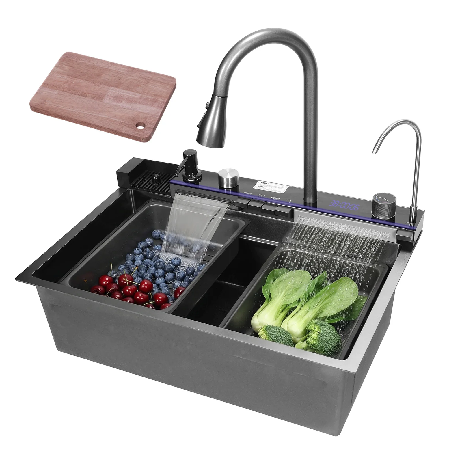 

Умная кухонная мойка для столешницы с корзиной для слива, рабочая станция из нержавеющей стали 304, цифровой дисплей, с функцией подачи воды под давлением для мытья посуды