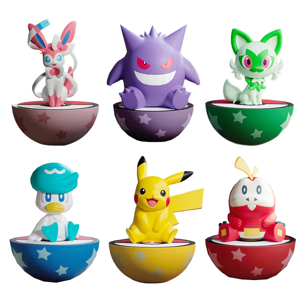 6pcs Pokemon Tumbler Sprigatito Gengar Pikachu Sylveon Sit In Rows Figure Kawaii Cute Statue Pvc Action Figurine Model Toy Gift