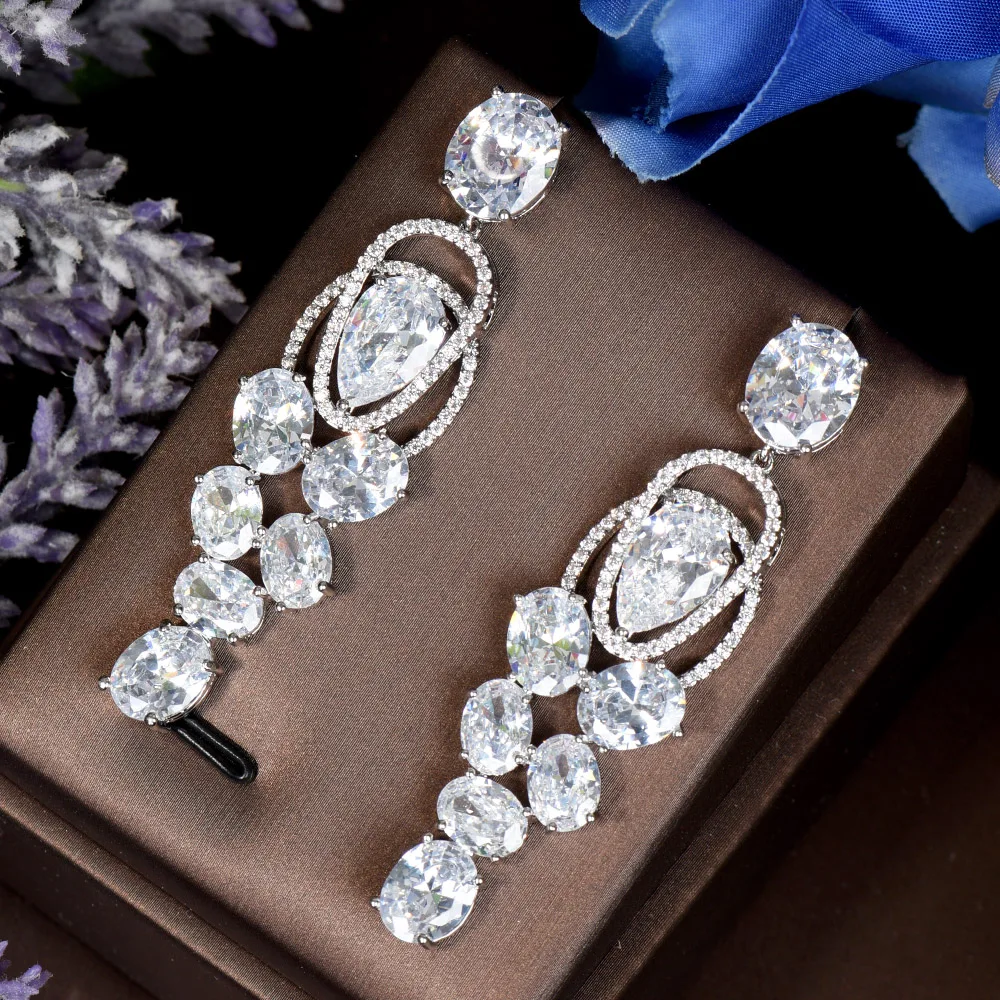 HIBRIDE Chic Europe Royal Cubic Zircon Light Blue Long Water Drop Dangle Earrings For Women Engagement Wedding Jewelry E-495