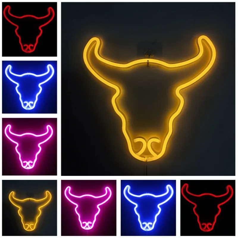 

LED Neon Light Sign Lamp Bull Cow Head Wall Night Light Family Party Holiday Bedroom Decoration Hanging Neon Lamp Xmas Gifts