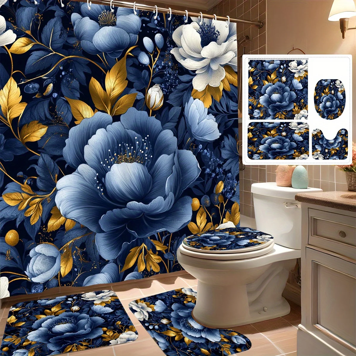 4pcs-Shower Curtain Set, Luxurious Blue And Golden Floral Pattern, Modern Personalized Bathroom Decoration Includes 12 Hooks