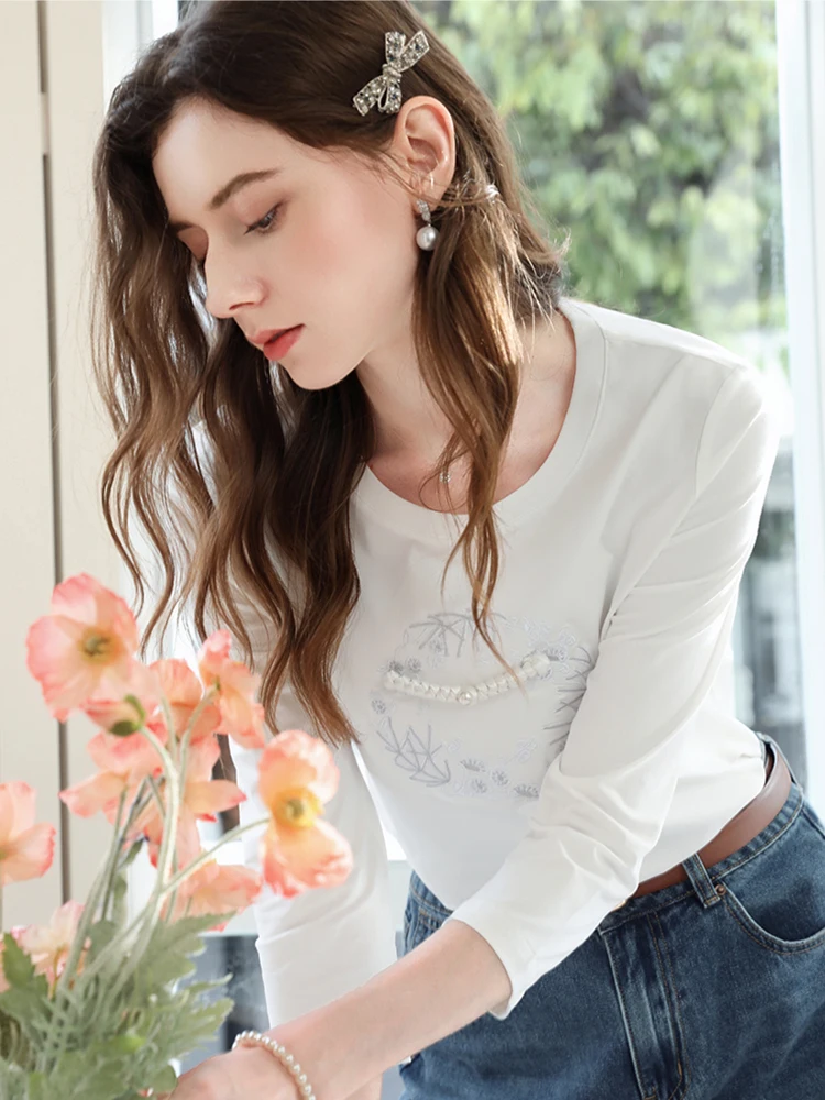 Eu acredito você camiseta para mulher branco bordado estilo chinês fivela outono 2025 elegante manga de sete quartos camisetas 2253016100