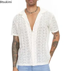 Sexy Hollow Out Men Shirts Fashion Lace Mesh Transparent Lapel Cardigan Tops Solid Loose Short-sleeved Shirt for Male Streetwear