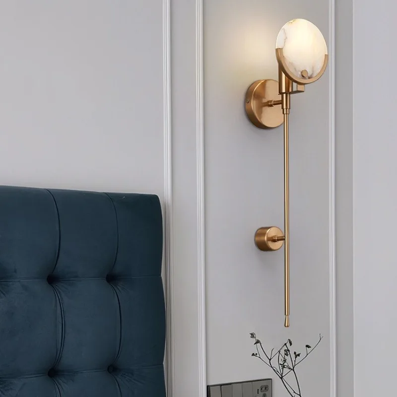 Spain Luxury Natural Marble Wall Lamps Modern Copper Metal Creative Sconces Bedroom Living Room Villa Hotel LED Background Light