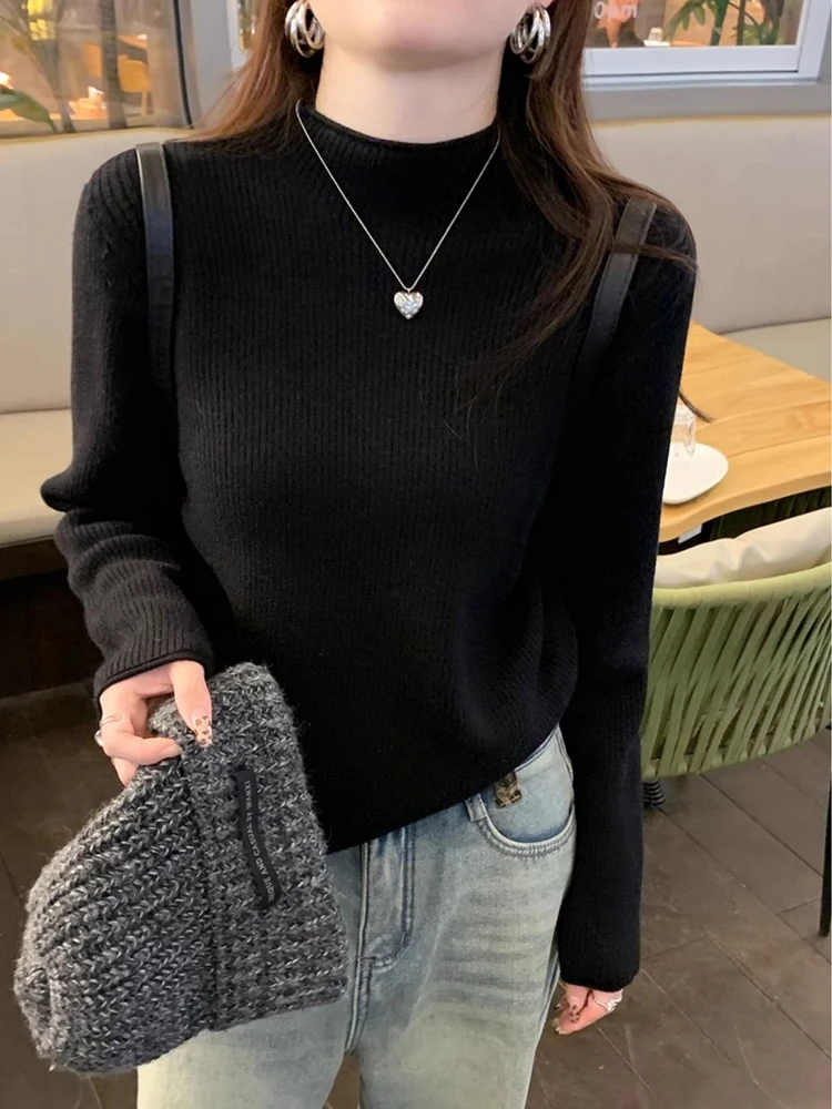 الخريف/الشتاء سميكة المخملية قاعدة سترة جديدة أنيقة بلون محبوك سترة عادية نصف عالية الياقة طويلة الأكمام المرأة سترة #5