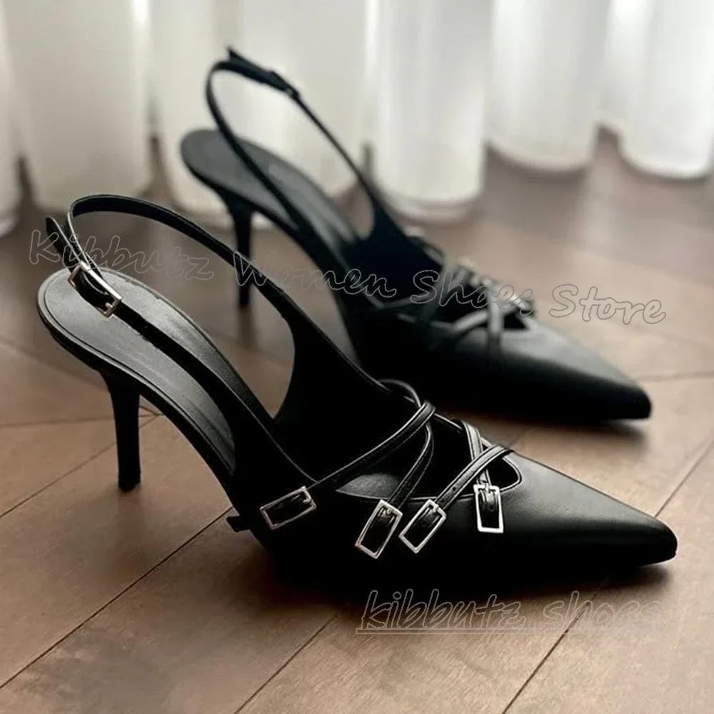 

Belt Buckle Pumps Slip-On Solid Color Pointed Toe Thin High Heels Fashion Novelty Sexy Luxury Women Shoes New Party Wedding New