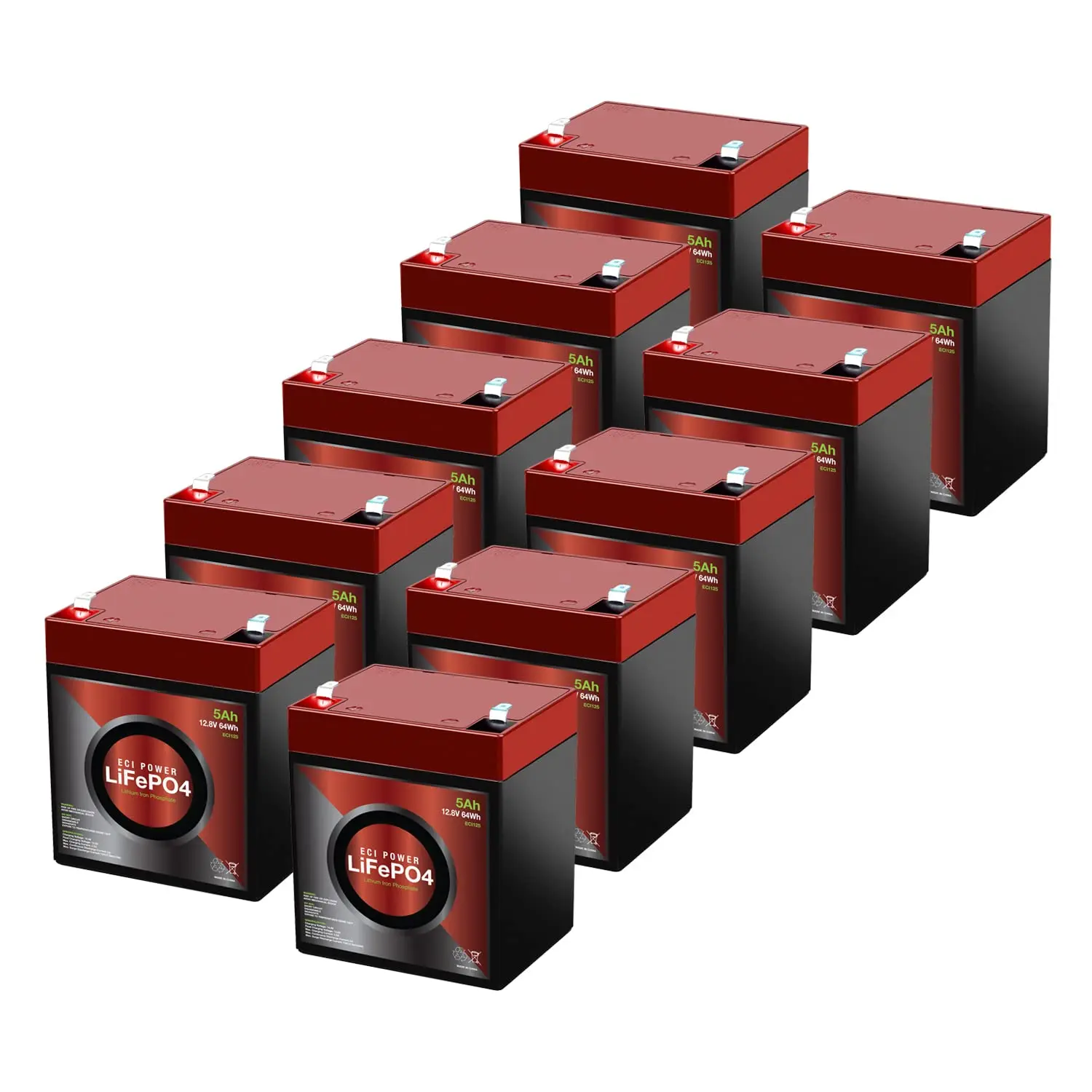 10 Pack 12V 5Ah LiFePO4 Deep Cycle Rechargeable Battery 2000-5000 Life Cycles 10-Year Lifetime Built-in BMS, Customized