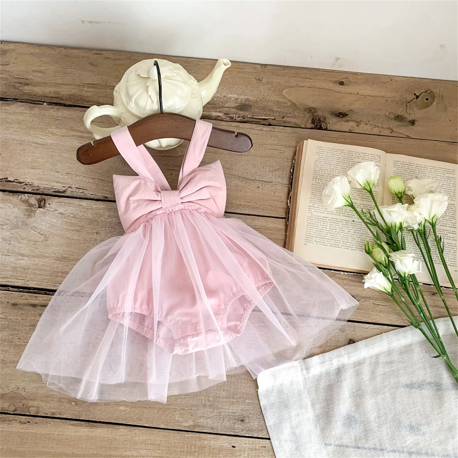 Newborn Infant Baby Girls Cotton Spring Summer Big Bow Tie Solid Sleeveless Tulle Romper Bodysuit Dress Ballet Leotards for Girl