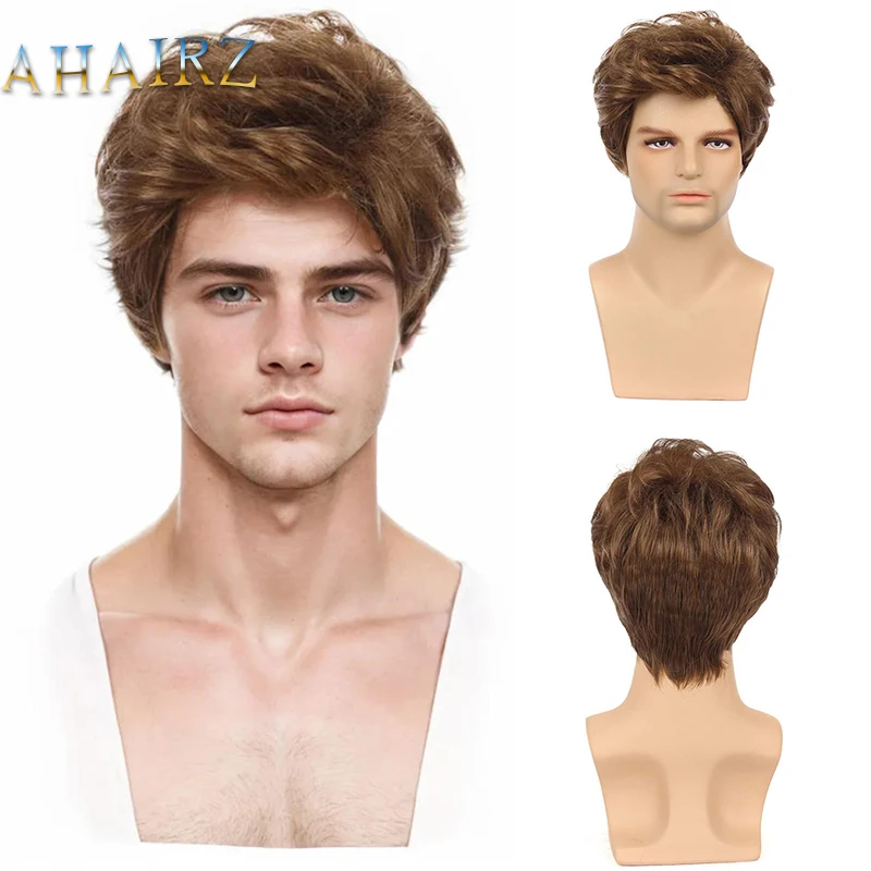 

Synthetic Wigs for Men Short Brown Layered Wigs with Bangs Daily Party Wear Heat Resistant Fake Hair