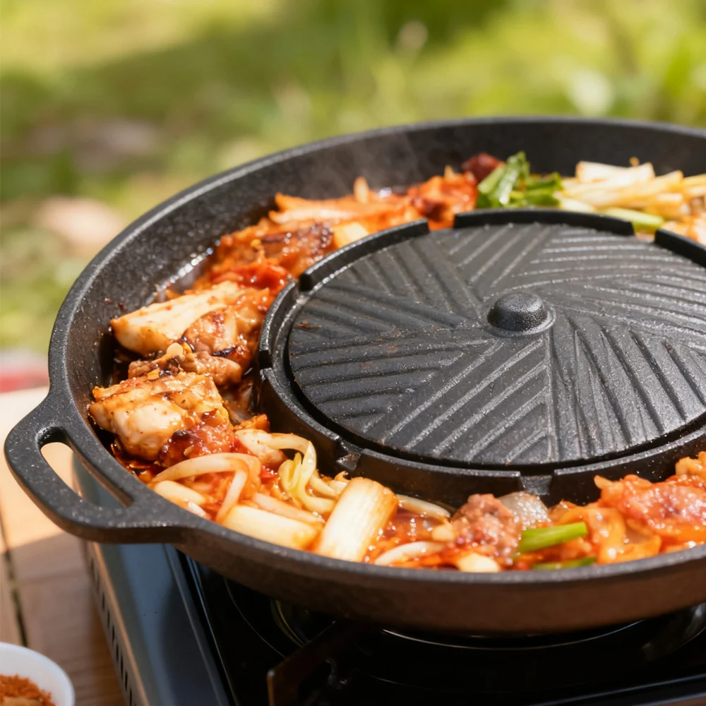 KOSUN Sartén para parrilla de barbacoa coreana 2 en 1, placa redonda para compartir barbacoa, para interiores y exteriores, equipo de acampada portátil, restaurante, 13 pulgadas