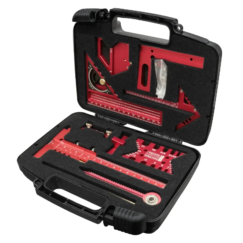 9Pcs Woodworking Square Kit with Box, Aluminum Scribeing Ruler,Center Finder,Circular Drawing Compass,Honing Guide,Height Gauge