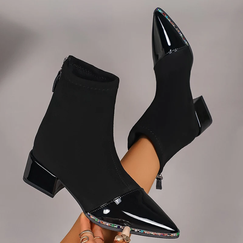 بلورات فاخرة أشار تو حذاء من الجلد النساء حجم كبير 42 عودة سستة كعب سميك أحذية امرأة موضة الجوارب القصيرة الدافئة Mujer #3