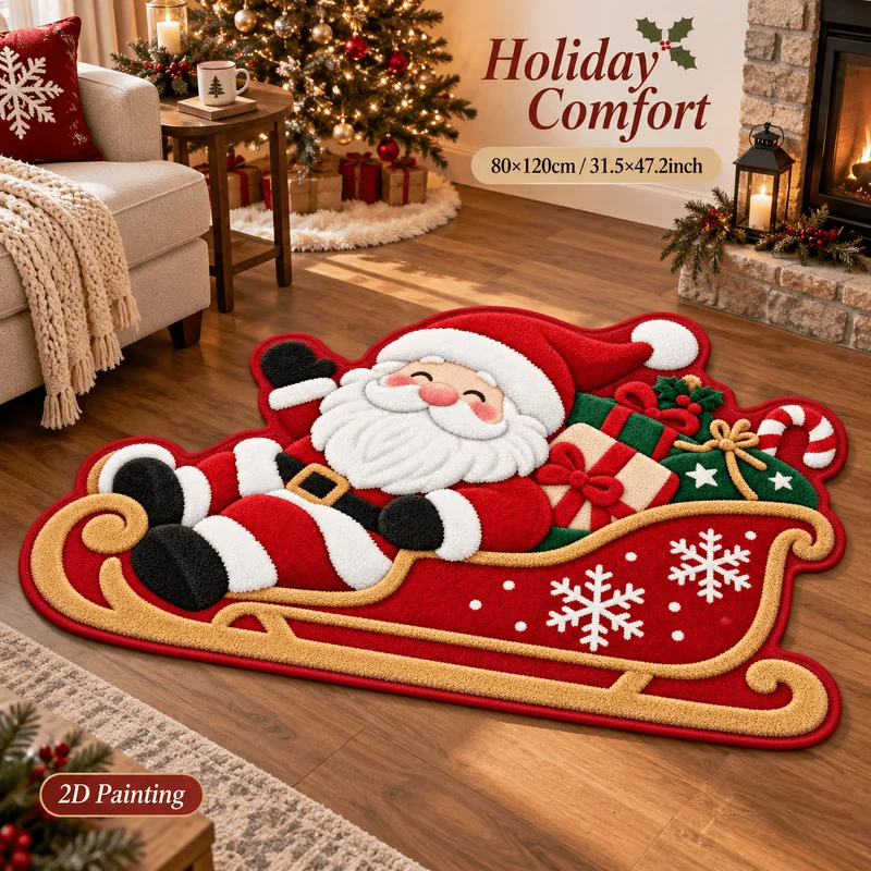 VIKAMA Cute Xmas Santa Claus Sleigh Irregular Shaped Rug Soft Plush Non-Slip Washable Absorbent Entryway Doormat Cozy Home Decor