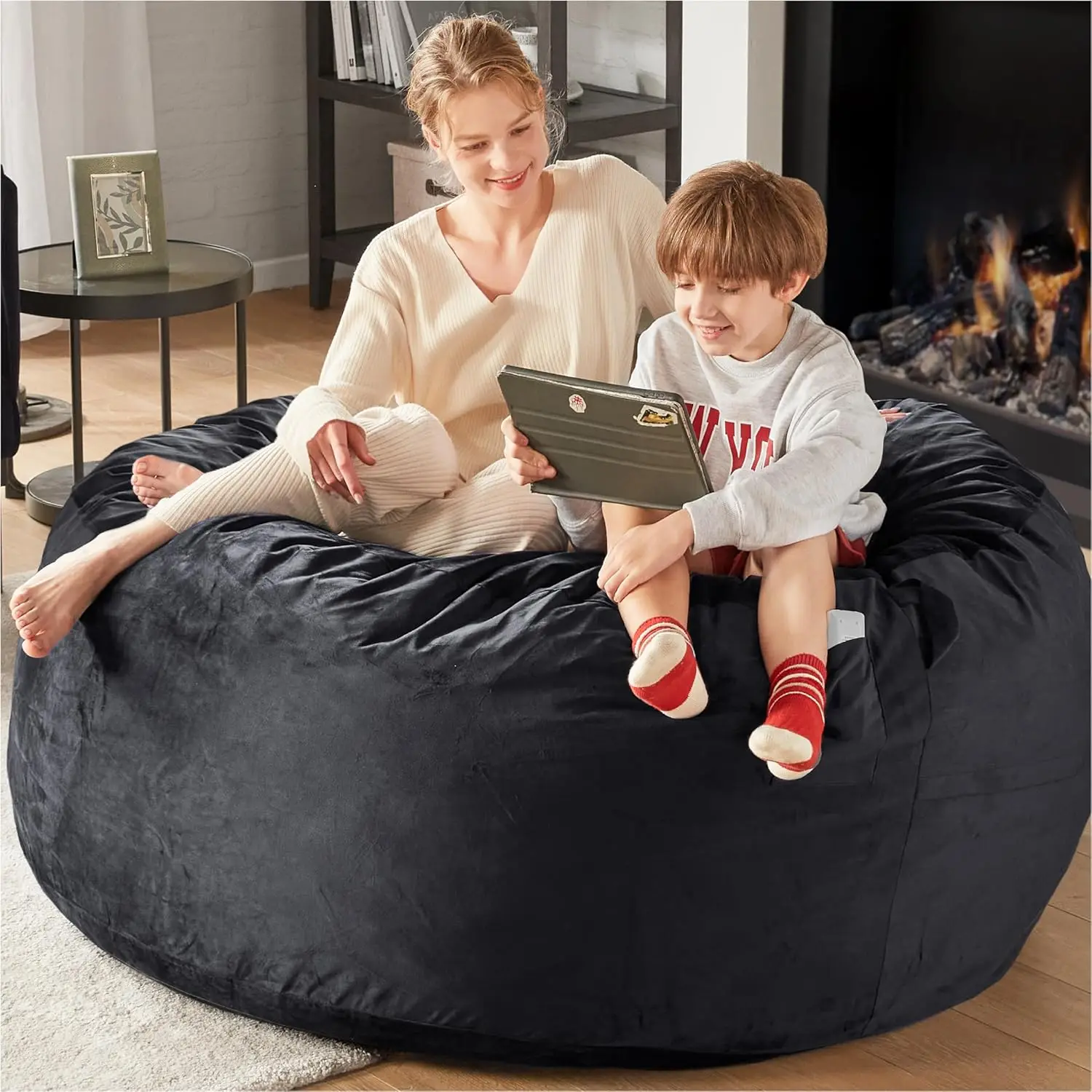 5 FT - Comfy Large Beanbag Chairs for Adults, Memory Foam Added - Machine Washable and Soft Mink Bonded Cover - Black, 5ft