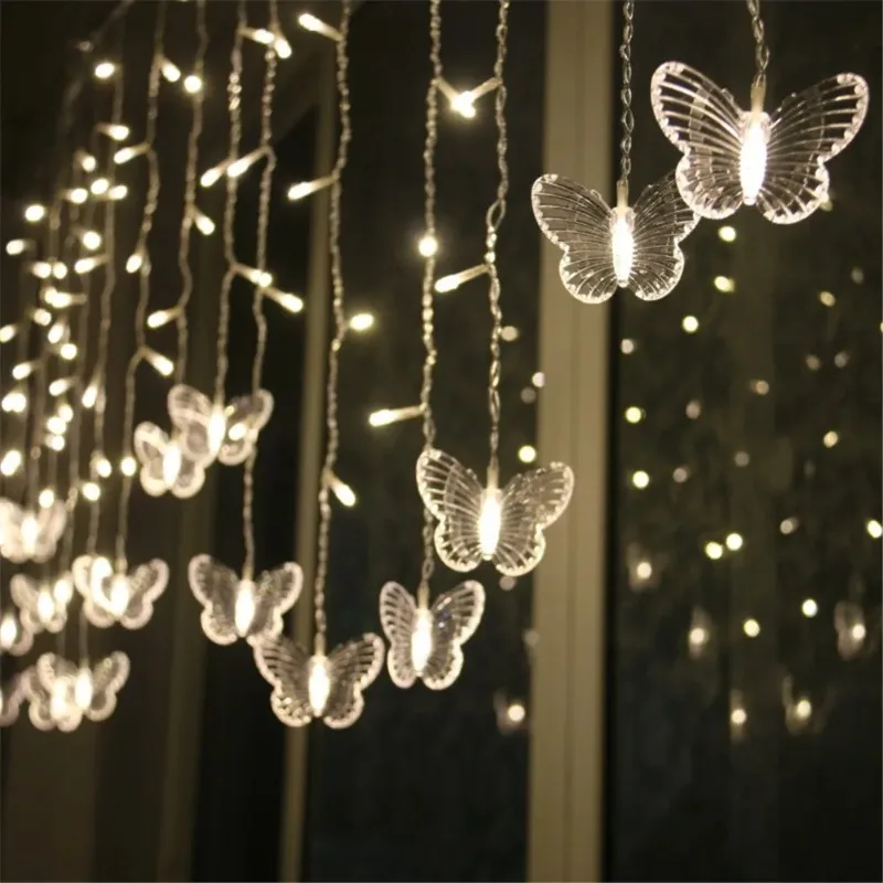 Battery USB Powered Butterfly Icicle Fairy Curtain String Light Indoor Outdoor Garden Christmas Wedding Party Decoration Lamp