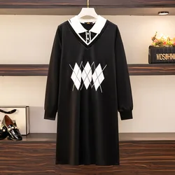 Spring New Large Size Women's Loose Dress Bust 153 Long Sleeve Fake Two-Piece Sweater Dress Black 5XL 6XL 7XL 8XL 9XL 150Kg