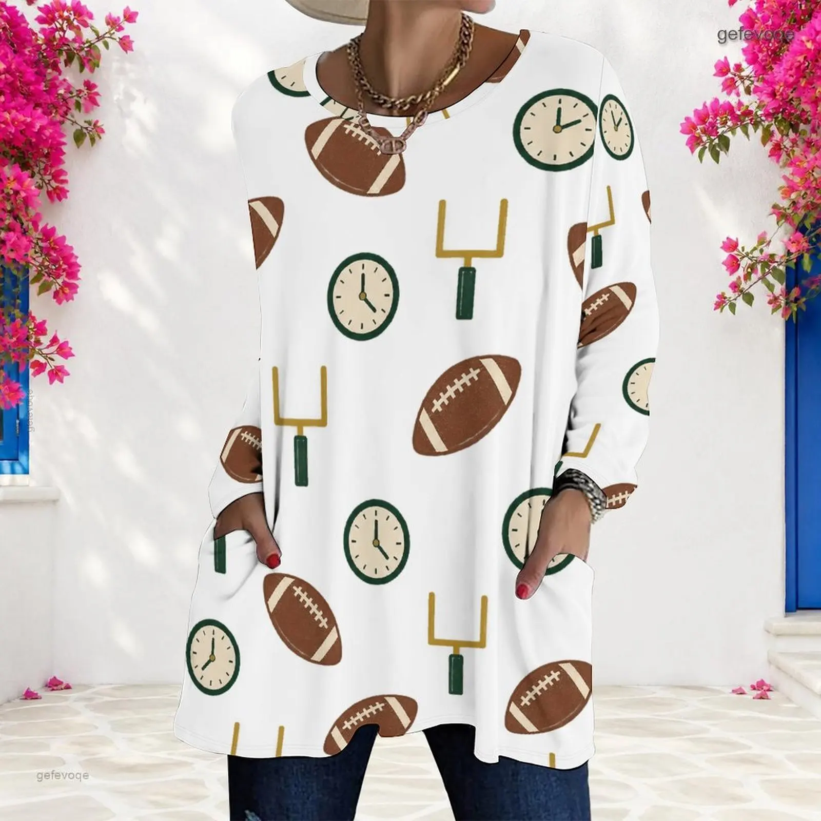 Women White Printed Football Clock Goal Post Pattern Round Neck Long Sleeve Loose Longline Top with Pockets