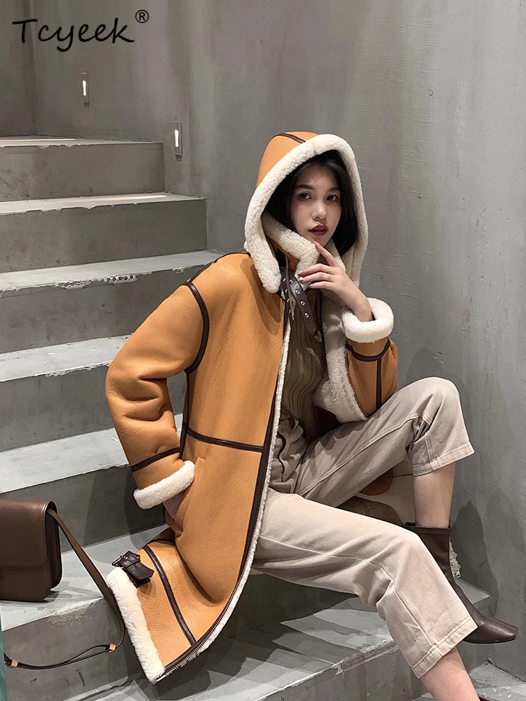 Tcyeek ウール 秋冬 ハイエンド トレンド フード付き 無地 ミディアム丈 レディース ウール シアリング ファーコート ファー レディース