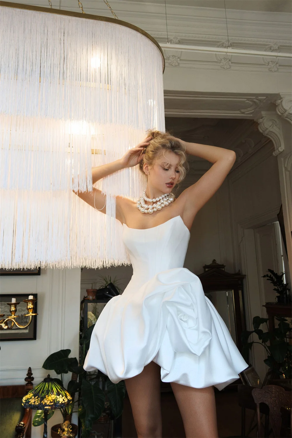 

Kyoto Customize White 3D Flower Pleats Strapless Wedding Dress Elegant Scalloped vestidos de novia A-Line Short Evening Dresses