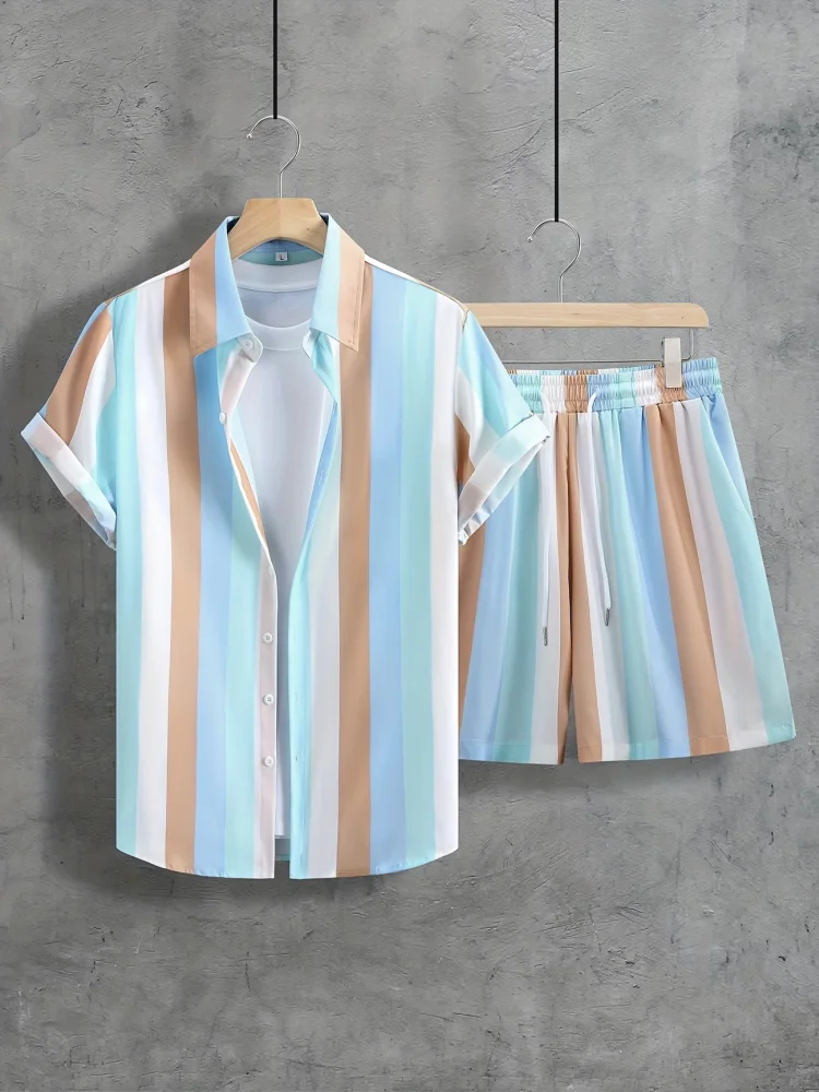 

2026 New Men's Vertical Striped 2 Pcs Outfit Casual Short Sleeve Lapel Shirt Elastic Waist Shorts Set Summer Beachwear Tracksuit
