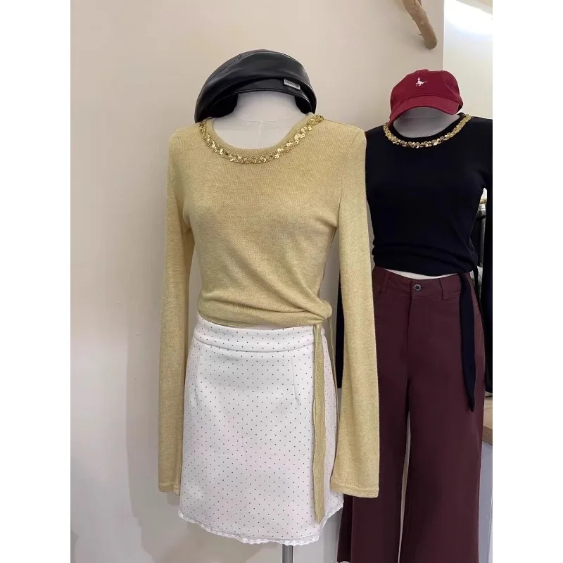 

Корейский осенний французский светло-золотой кружевной топ ручной работы с лентой для похудения, узкий топ с длинными рукавами