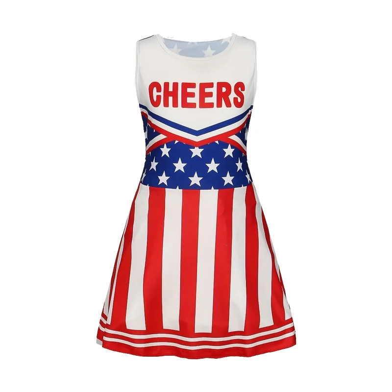 Girls' Fit & Stylish Sleeveless Crew Neck Stars Stripes Print Cheerleading Dress & Long Socks & Pom Poms Bowknot Girls Clothing