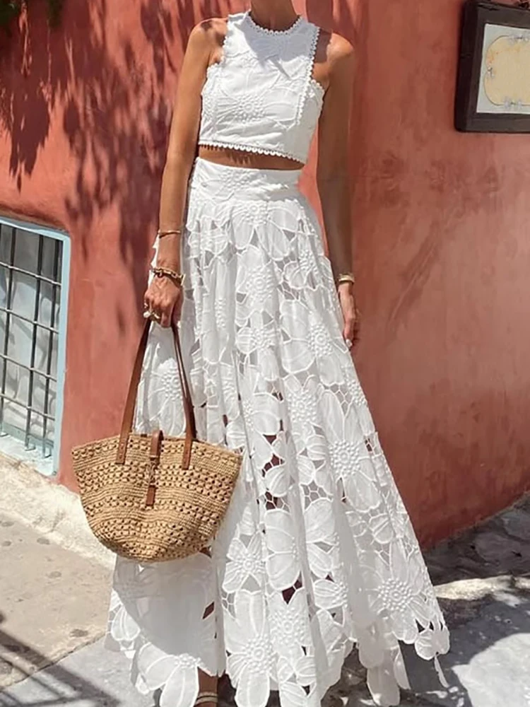 

Women Short Top Maxi Skirts 2PCS Sets, Summer Holiday Patchwork Simple Chic Outfit, Spaghetti Strap Elegant Fashion Ladies Suits