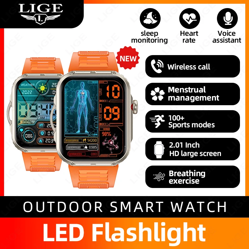 

LIGE мужские умные часы светодиодный фонарик 2,01-дюймовый дисплей пульсометр спортивный фитнес-трекер Bluetooth умные часы с вызовом для Android IOS