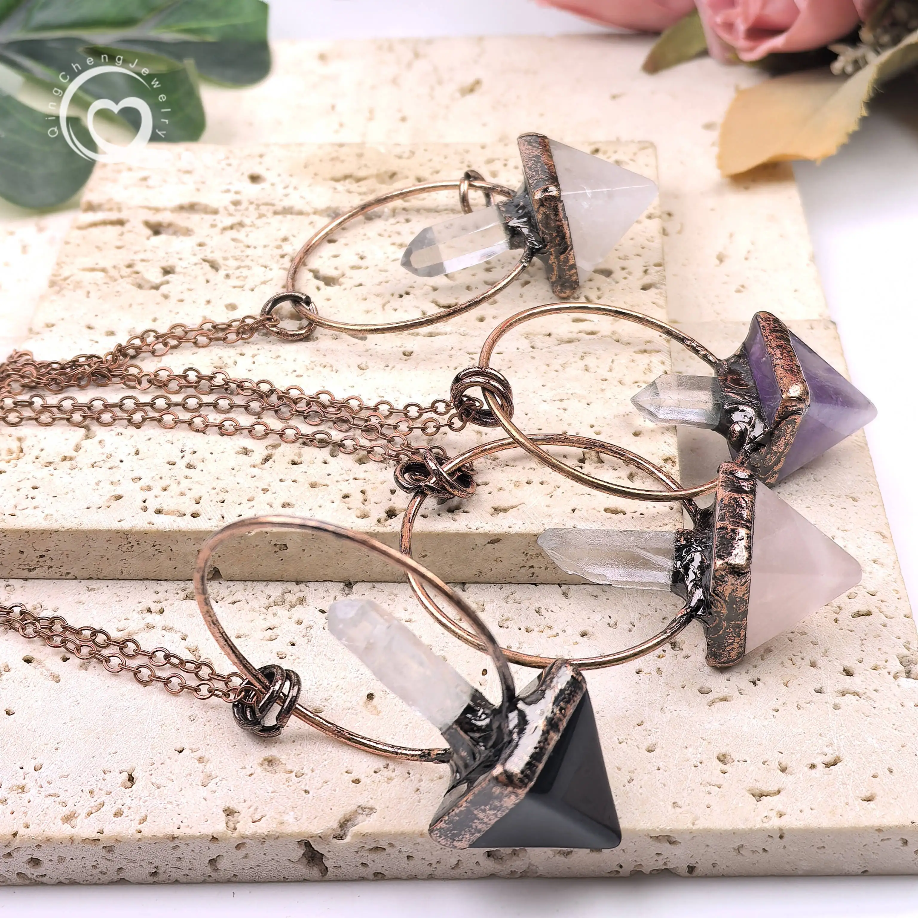 Soldered Bronze Hoop Quartz Cone Pendants Antique Copper Necklaces Raw Crystal Point Charms Pendulum Retro Brass Jewelry QC3444