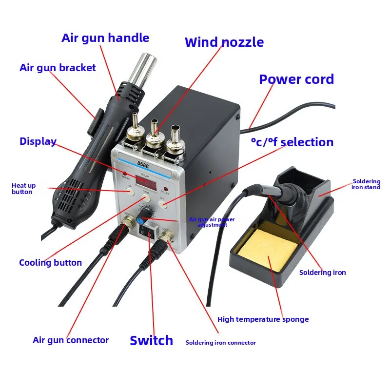 tavolo-da-saldatura-8586-con-pistola-ad-aria-calda-2-in-1-saldatore-elettrico-per-manutenzione-e-regolazione-della-temperatura