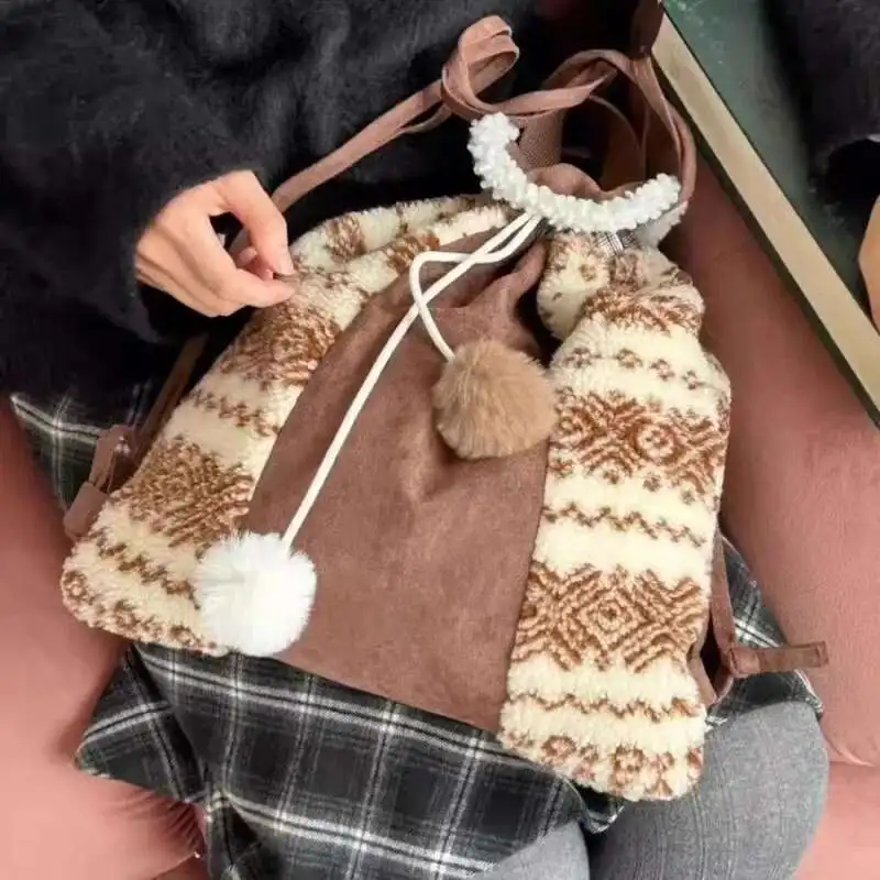 Wollen Winter Ballen Trekkoord Rugzak Vrouwen Mode Ontwerper Vrouwelijke Reizen Bagpack Meisjes Schooltassen Bolsos Anime