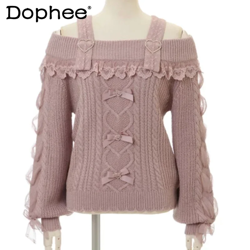 Sweet and Cute Lace Collar Mesh Stitching Long-Sleeve Sweater Women 2023 Autumn New Korean Fashion Love Strappy Bow Sweates